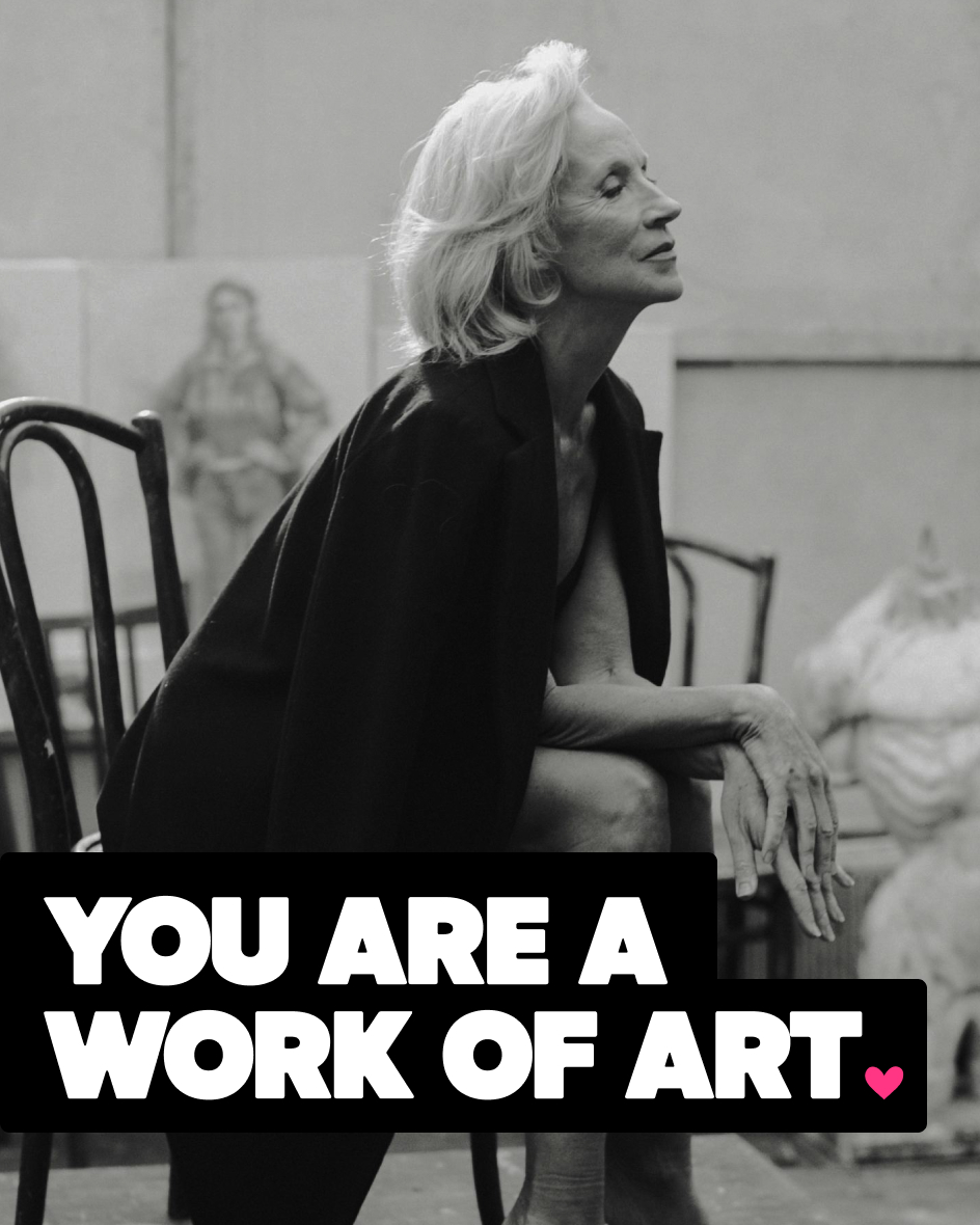 Woman posing as figure for art class with message you are a work of art