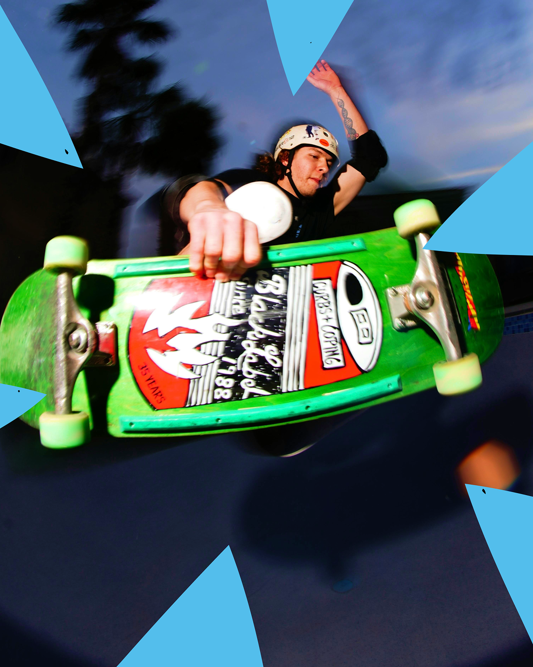 Person skateboarding with board facing the camera lipping the bowl and aerial grab
