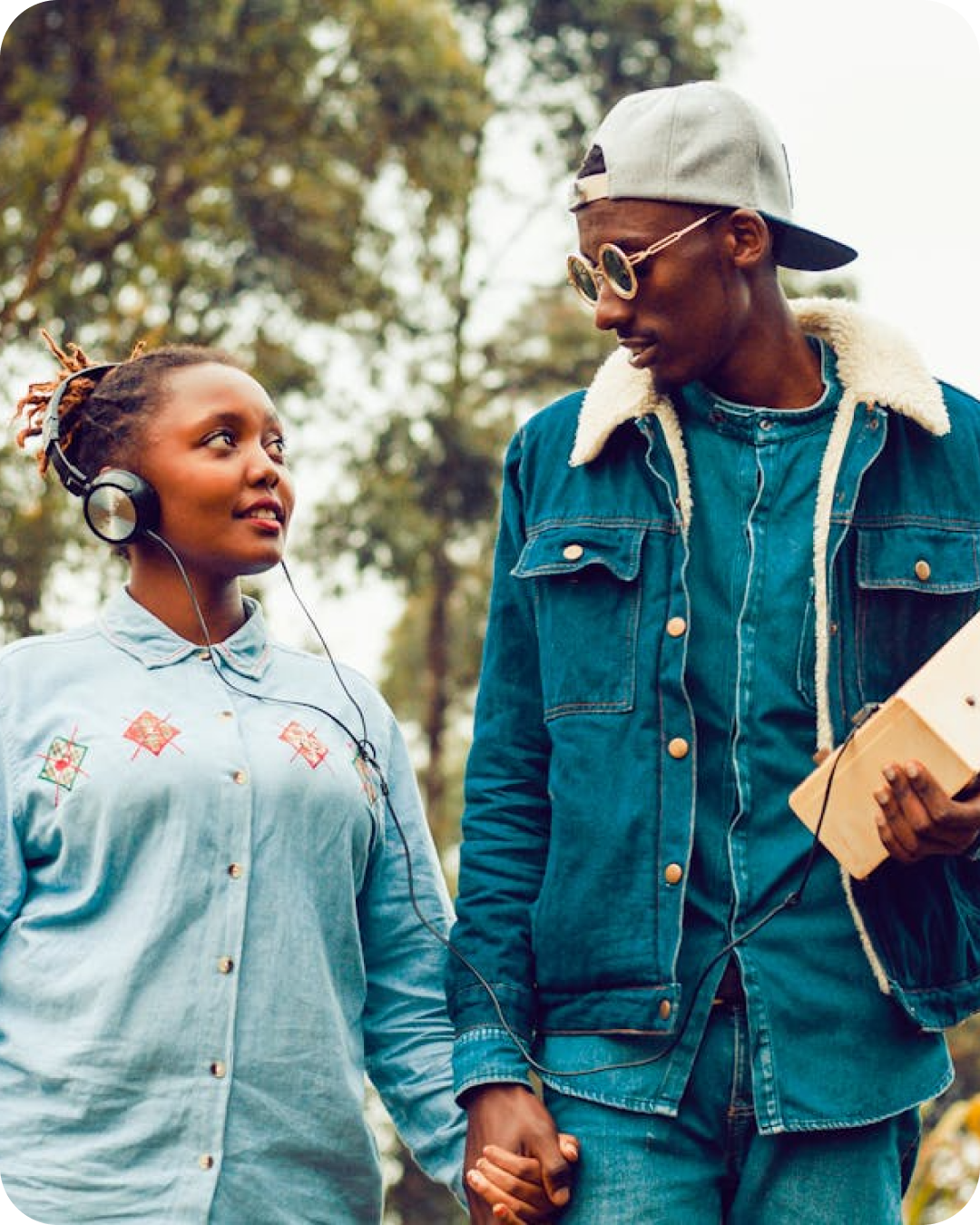 Couple sharing music promo graphic